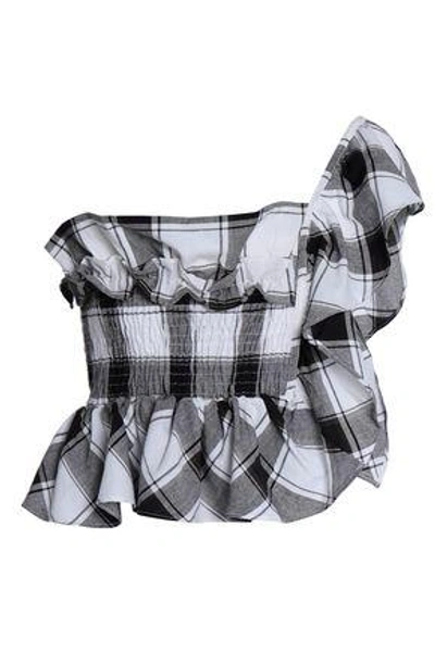 Shop W118 By Walter Baker Woman Margaret One-shoulder Ruffled Checked Cotton Top Light Gray
