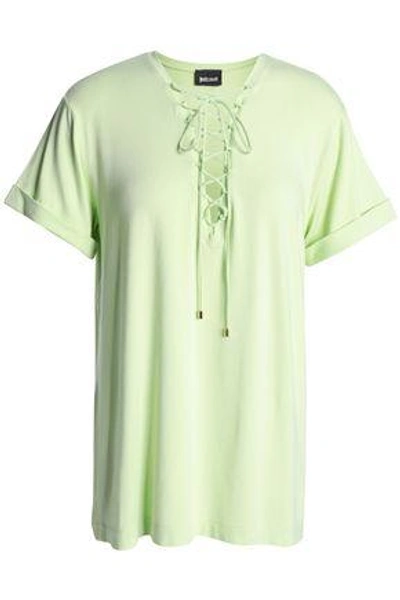 Shop Just Cavalli Woman Lace-up Stretch-jersey T-shirt Light Green