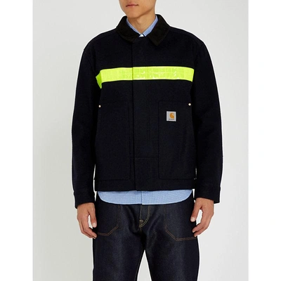 Shop Junya Watanabe Carhartt Reflective-stripe Wool-blend Jacket In Navy Orange