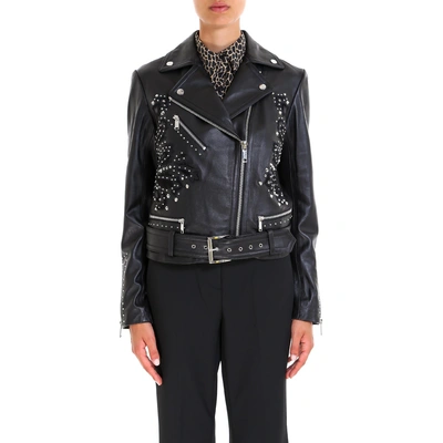 Shop Michael Michael Kors Studdded Belt Biker Jacket In Black