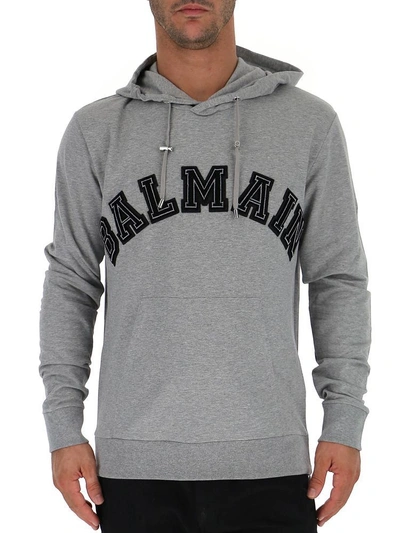 Shop Balmain Logo Hoodie In Grey