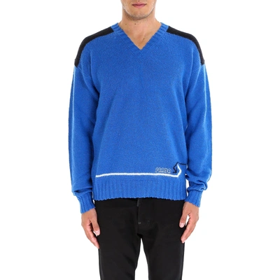 Shop Prada V Neck Logo Sweater In Blue