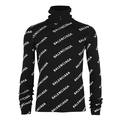 Shop Balenciaga Allover Logo Black Roll-neck Jumper In Black And White