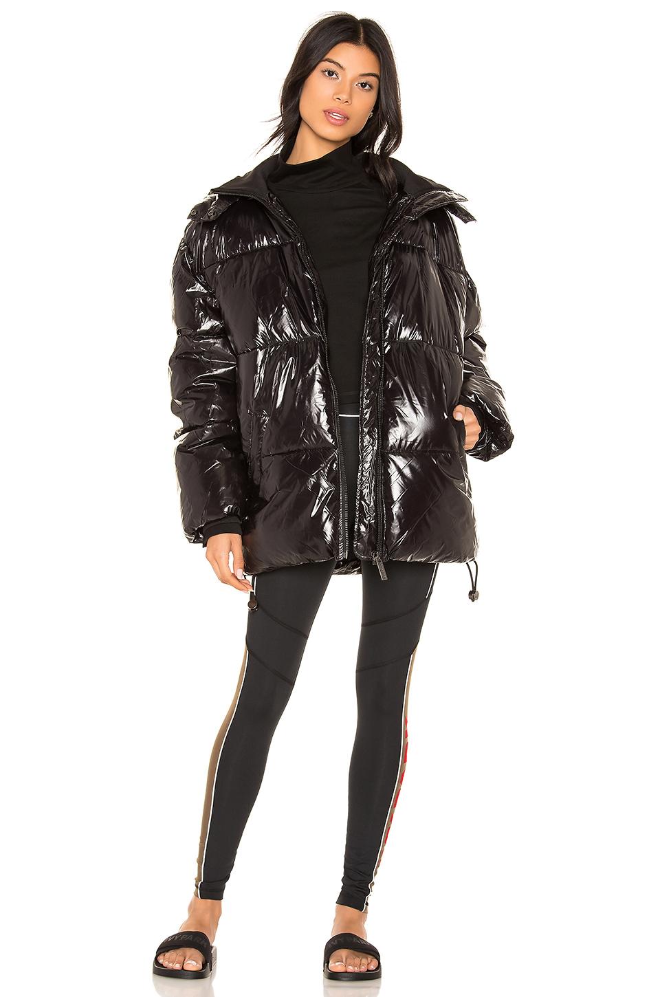black vinyl puffer jacket with fur hood