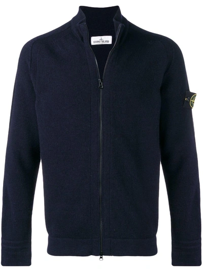 Shop Stone Island Front Zipped Cardigan In Blue