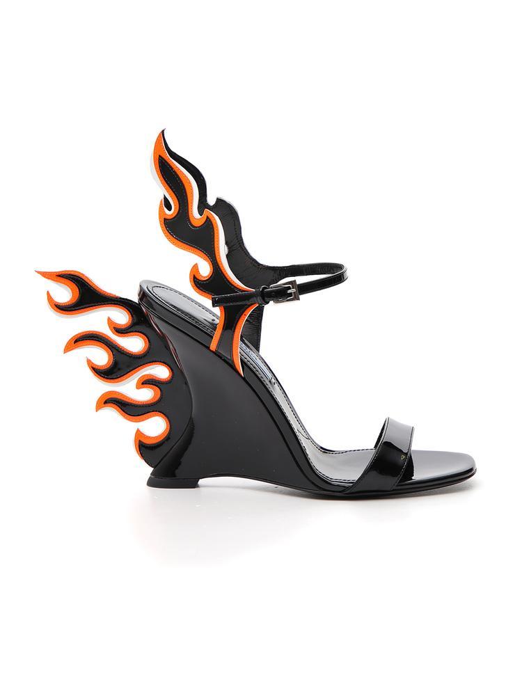 Prada Flame Patent Leather Wedge Sandals In Black | ModeSens
