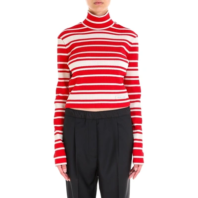 Shop Prada Turtleneck Stripe Sweater In Red