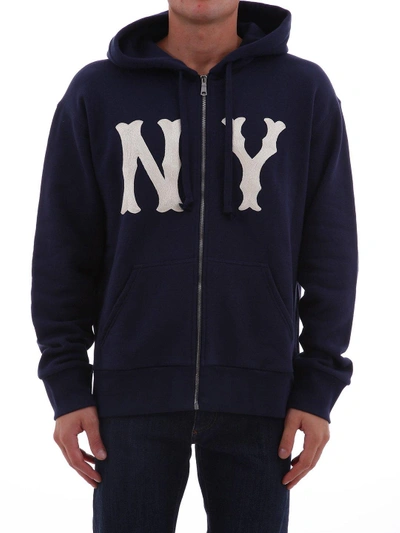Shop Gucci Ny Yankees Patch Hooded Sweatshirt In Blue