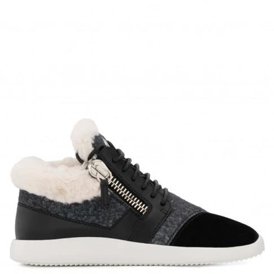 Shop Giuseppe Zanotti - Fabric And Leather Low-top Sneaker With Faux-fur Runner In Black