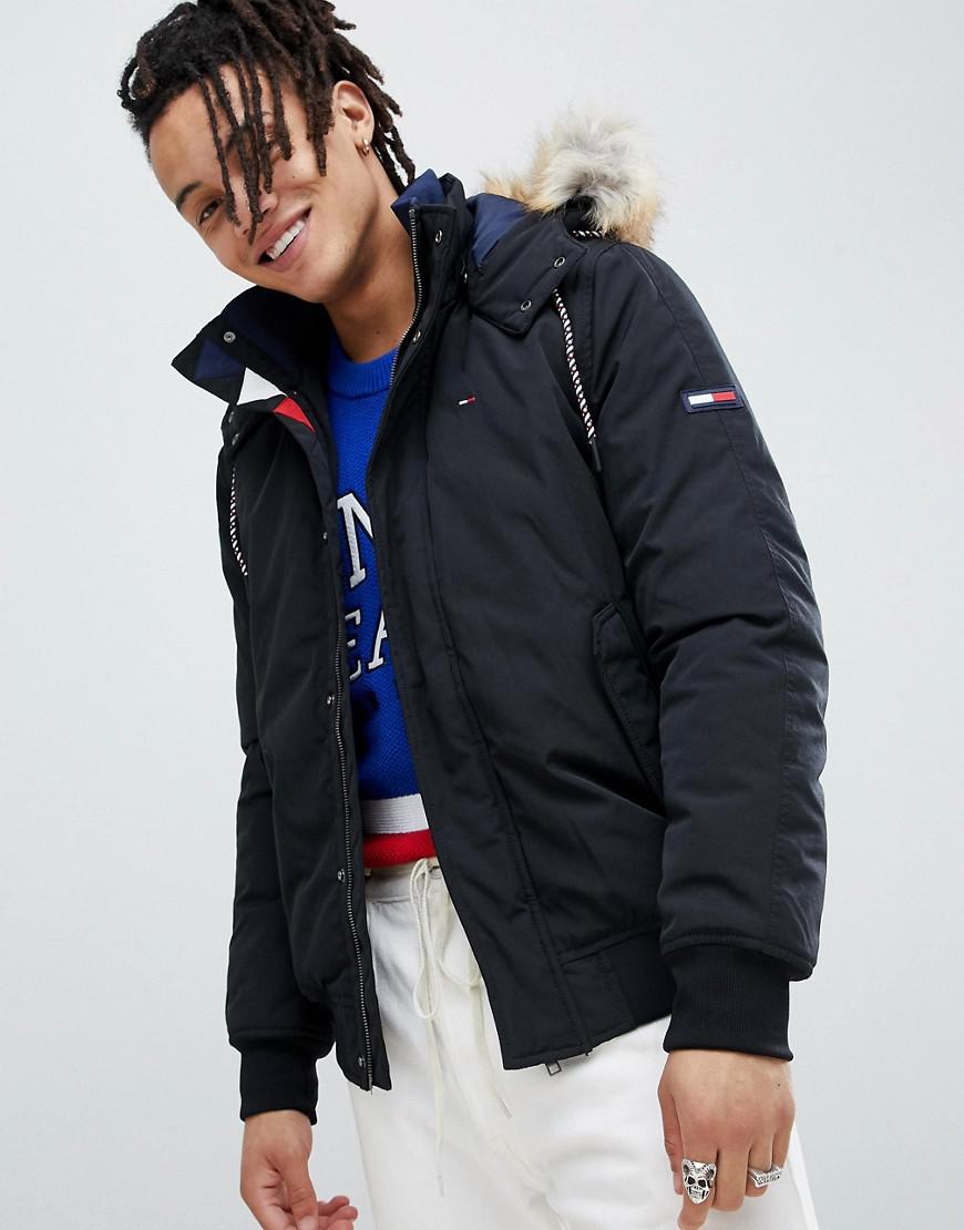 tommy jeans technical quilted parka faux fur trim hood in black