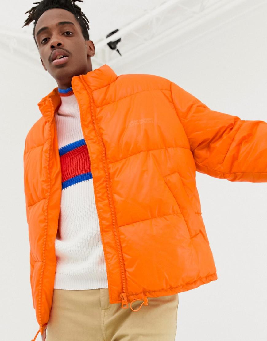 orange puffer jacket with hood