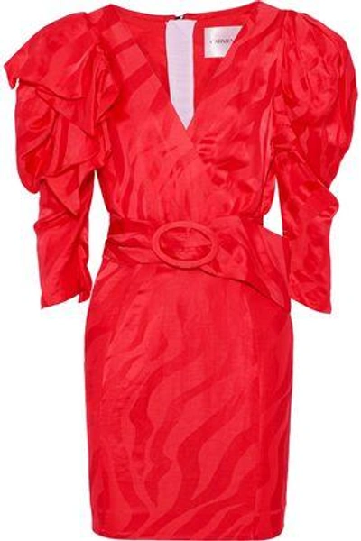 Shop Carmen March Woman Ruffle-trimmed Linen-blend Jacquard Mini Dress Red
