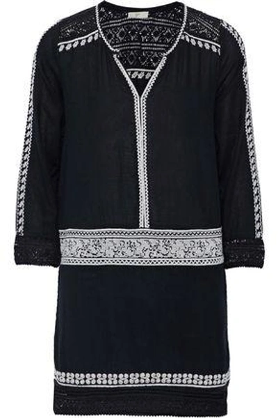 Shop Joie Woman Corvin Crochet-trimmed Embroidered Cotton-gauze Mini Dress Black