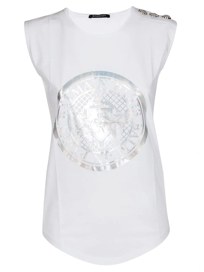 Shop Balmain Logo Tank Top In White/print Argent