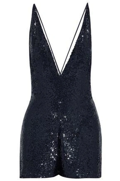 Shop Valentino Woman Open-back Sequined Silk-chiffon Playsuit Navy