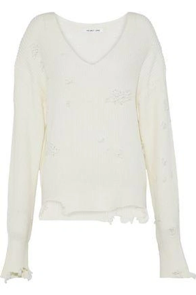 Shop Helmut Lang Woman Distressed Ribbed Cotton And Wool-blend Sweater Off-white