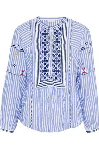 Shop Joie Woman Archana Embroidered Striped Cotton-gauze Blouse Light Blue