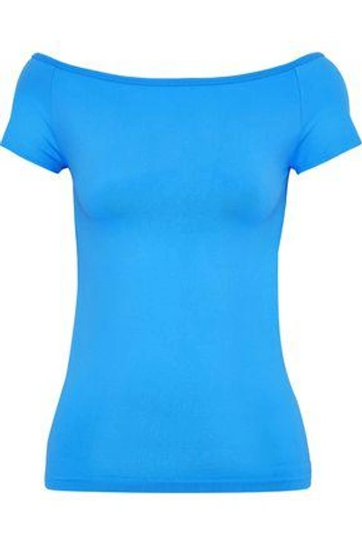 Shop Helmut Lang Woman Off-the-shoulder Stretch-jersey T-shirt Light Blue
