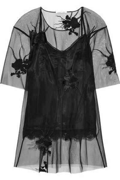 Shop Helmut Lang Woman Embroidered Tulle Top Black