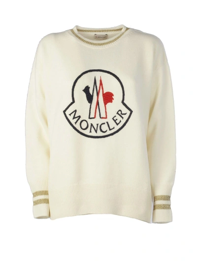 Shop Moncler Round Neck Jumper /maglia Logo In Off White