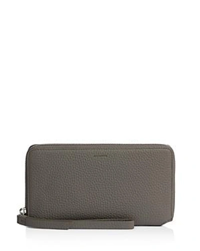 Shop Allsaints Fetch Leather Phone Wristlet In Storm Gray/silver