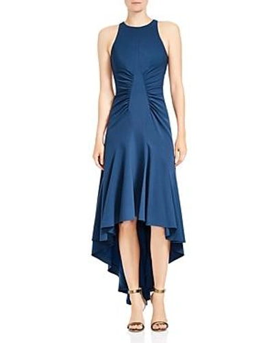 Shop Halston Heritage Sleeveless Ruched High/low Gown In Teal