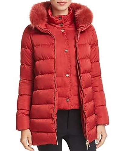 Shop Herno Fox Fur Trim Satin Down Coat In Red