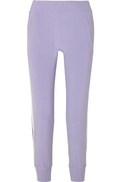 Shop Norma Kamali Striped Stretch-jersey Track Pants In Purple