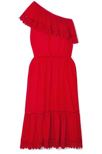Shop Melissa Odabash Jo One-shoulder Crochet Lace-trimmed Voile Midi Dress In Red