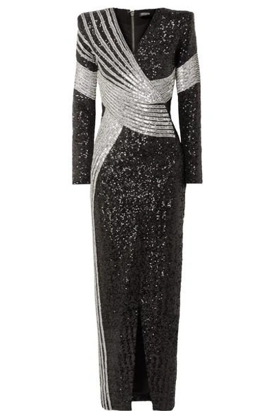 Shop Balmain Wrap-effect Embellished Stretch-satin Gown In Black