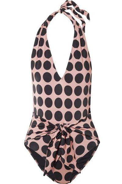 Shop Stella Mccartney Ballet Dots Tie-front Printed Halterneck Swimsuit In Blush
