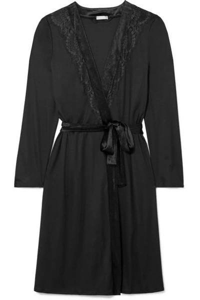 Shop Hanro Ava Lace And Velvet-trimmed Modal And Silk-blend Robe In Black