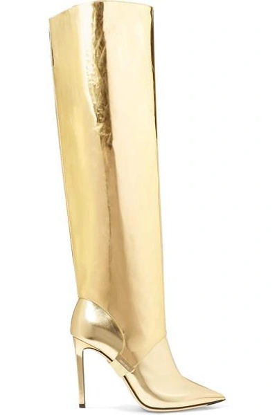 Shop Jimmy Choo Hurley 100 Convertible Metallic Mirrored-leather Knee Boots In Gold