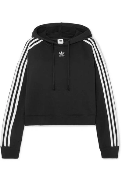 Shop Adidas Originals Cropped Striped Cotton-jersey Hoodie In Black