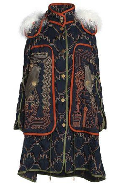 Shop Peter Pilotto Woman Shearling-trimmed Embroidered Shell Hooded Coat Navy