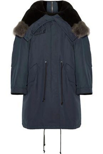 Shop Calvin Klein 205w39nyc Woman Shearling-trimmed Cotton And Wool-blend Hooded Coat Navy