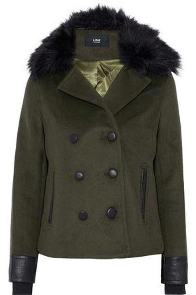 Shop Line Woman Drew Double-breasted Faux Fur-trimmed Wool-blend Coat Army Green