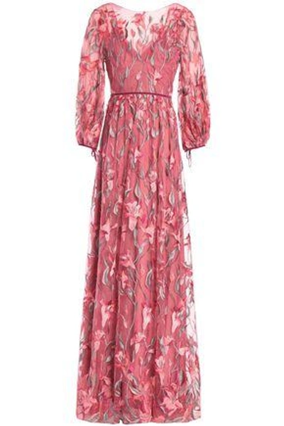 Shop Marchesa Notte Open-back Embroidered Tulle Maxi Dress In Pink