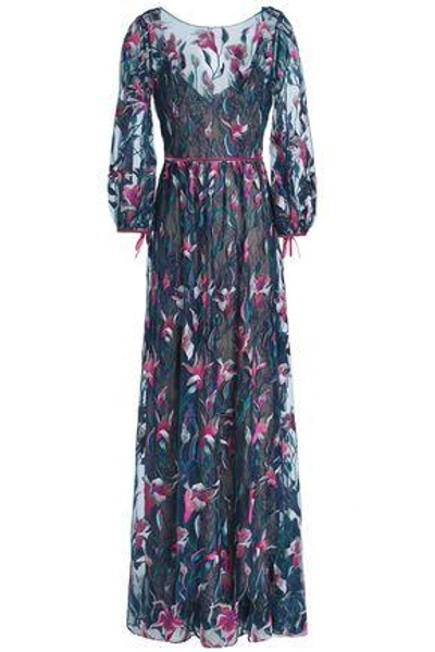 Shop Marchesa Notte Open-back Embroidered Tulle Maxi Dress In Petrol
