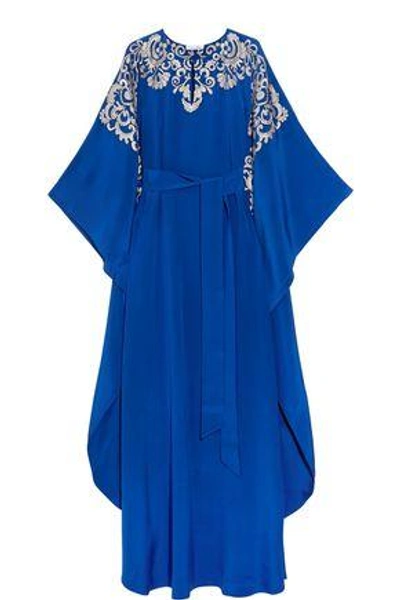 Shop Oscar De La Renta Draped Embroidered Silk Maxi Dress In Bright Blue