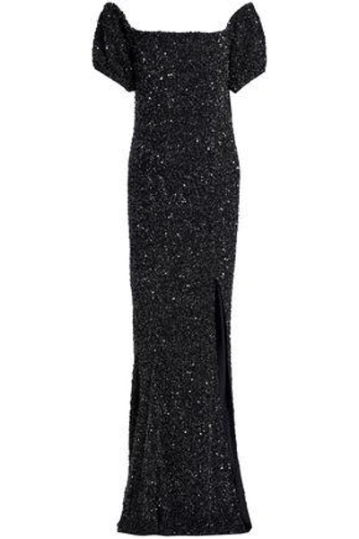 Shop Rachel Gilbert Krizzel Off-the-shoulder Sequined Tulle Maxi Dress In Black