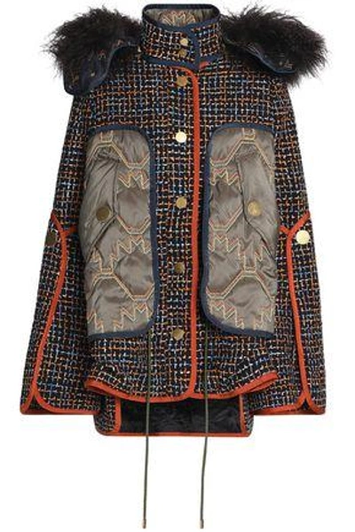 Shop Peter Pilotto Woman Shearling-trimmed Shell-paneled Tweed Hooded Jacket Navy