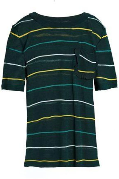 Shop Sonia Rykiel Ruffle-trimmed Striped Silk And Cotton-blend Sweater In Dark Green
