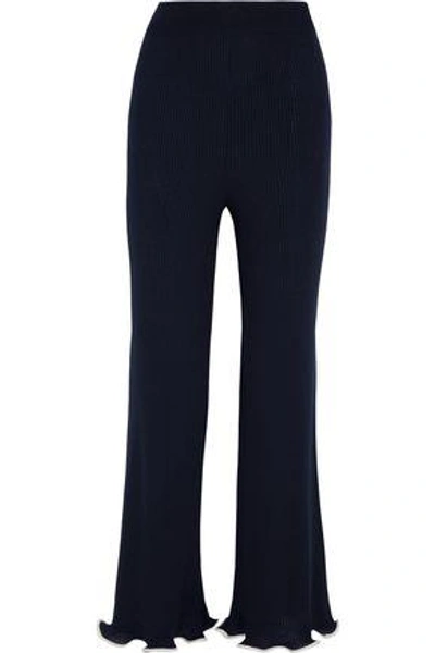 Shop Stella Mccartney Woman Ribbed Wool Straight-leg Pants Navy