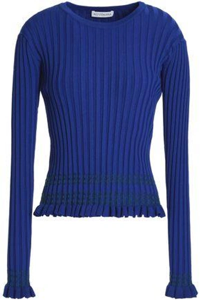 Shop Altuzarra Woman Ruffle-trimmed Embroidered Ribbed-knit Sweater Royal Blue