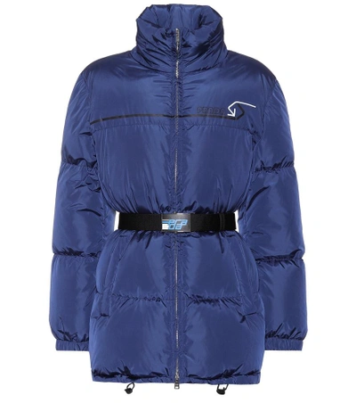 Shop Prada Belted Puffer Jacket In Blue