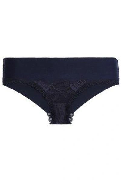 Shop Stella Mccartney Woman Bella Admiring Lace And Stretch-jersey Mid-rise Briefs Midnight Blue