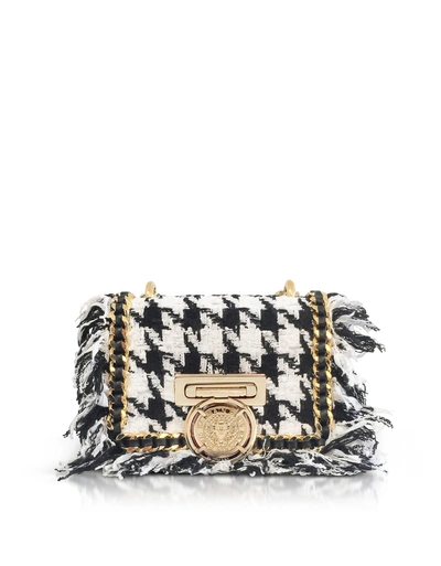 Shop Balmain Tweed And Leather Baby Box Flap Bag In Black / White