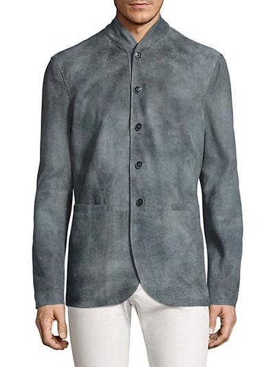 Shop John Varvatos Mock Collar Leather Jacket In Dutch Blue