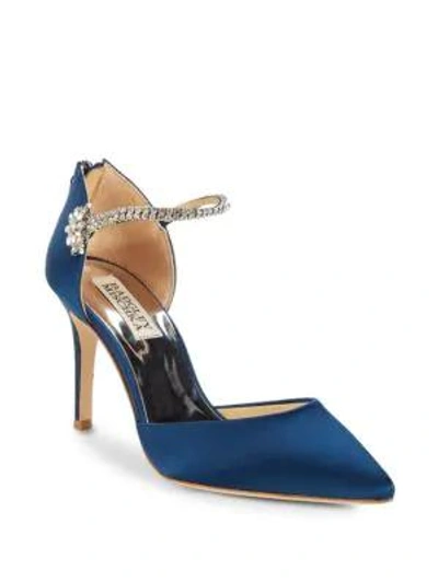 Badgley Mischka Valerie Rhinestone Strap Satin Pumps In Navy